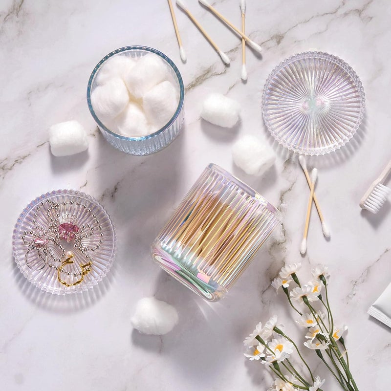 MKOSAB 2 Pack Qtip Holder - Apothecary Jars with Lids, Bathroom Organizers and Storage Canister for Cotton Balls,Swabs,Floss Picks,Hair Ties,Clear Glass Vintage Bathroom Decor Jar Set (Iridescent) - Image 3